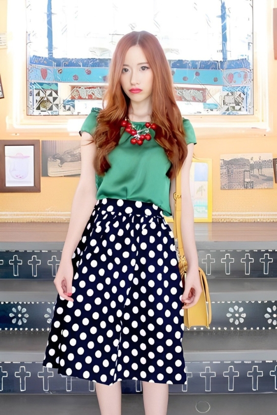 Polka Dot Balloon Skirt with a Silk Blouse