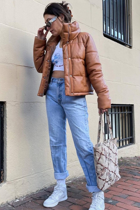 Puffer Jacket with High-Waisted Mom Jeans