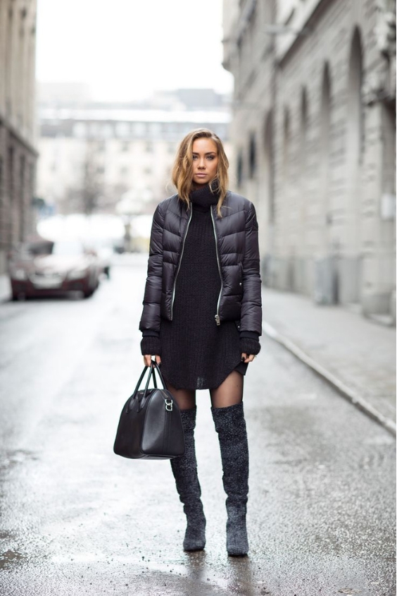 Puffer Jacket with Turtleneck Dress