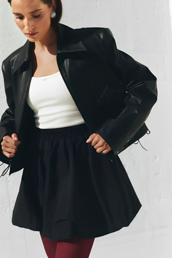 Structured Balloon Skirt with a Leather Jacket