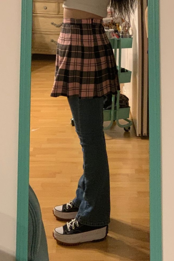 Vintage Plaid Skirt Over Cropped Jeans