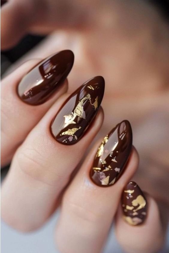 Burgundy Chrome Coffin Nails with Gold Foil
