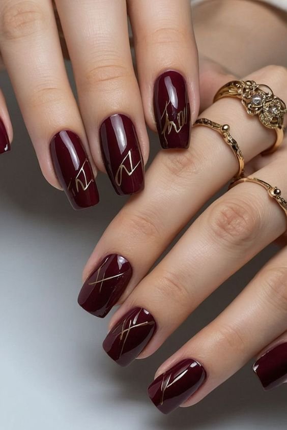 Burgundy Chrome Geometric Nails