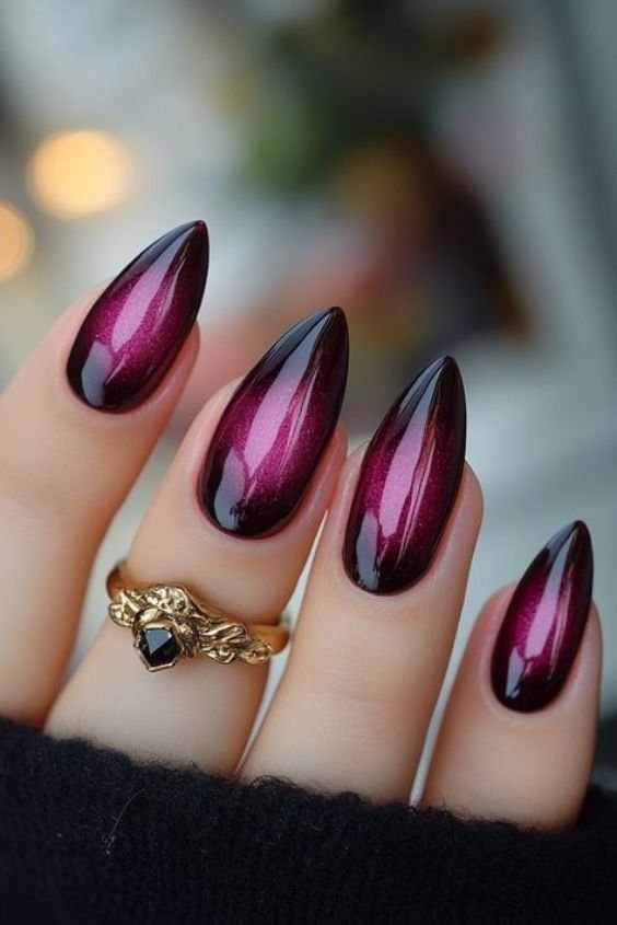 Burgundy Chrome Holographic Nails