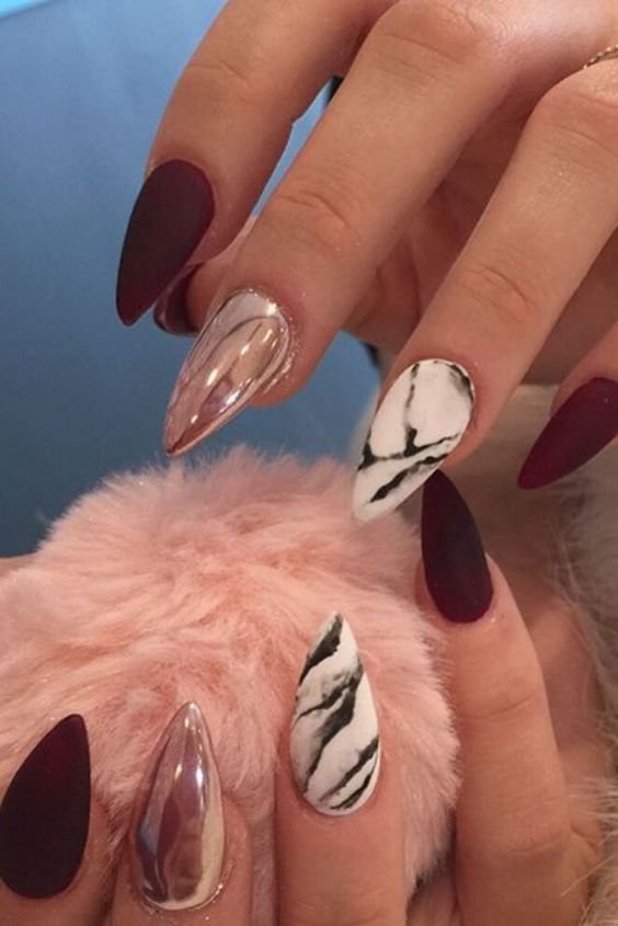 Burgundy Chrome Marble Nails