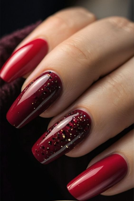 Burgundy Chrome Nails With Glitter