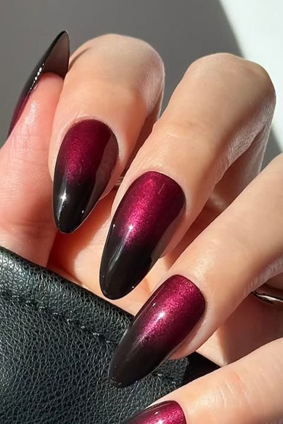 Burgundy Chrome Nails with Black Accents
