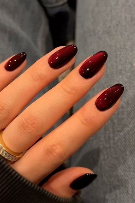 Classic Burgundy Chrome Almond Nails