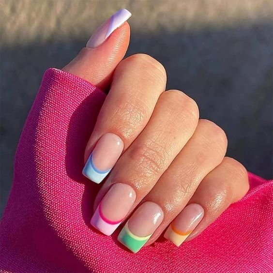 Clear Base with Rainbow Tips on Square Nails