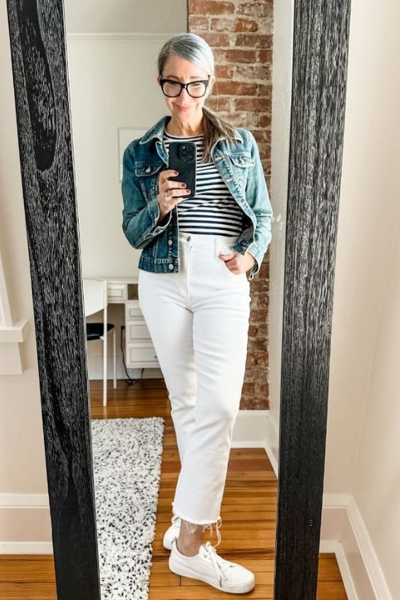 Colored Denim Jacket with White Jeans