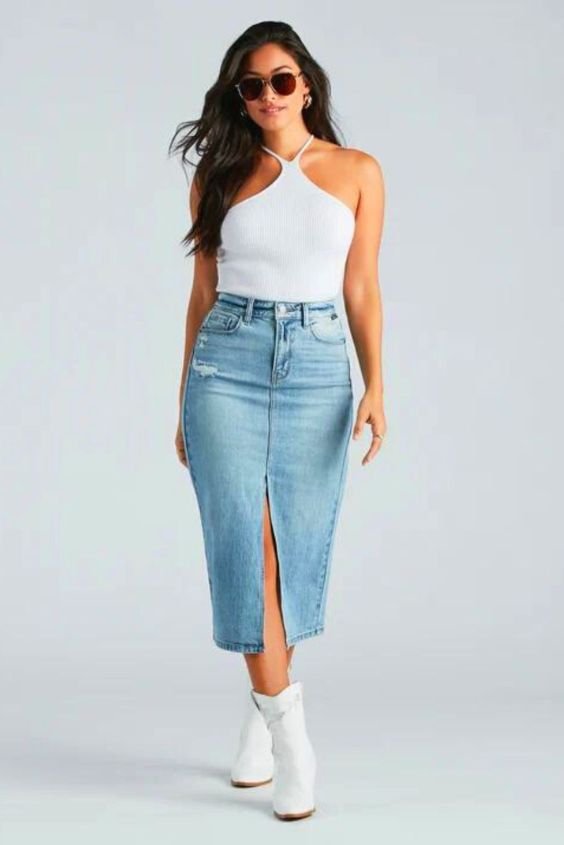 Denim Midi Skirt with Bodysuit