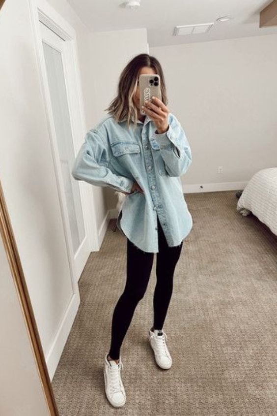 Denim Shacket with Leggings