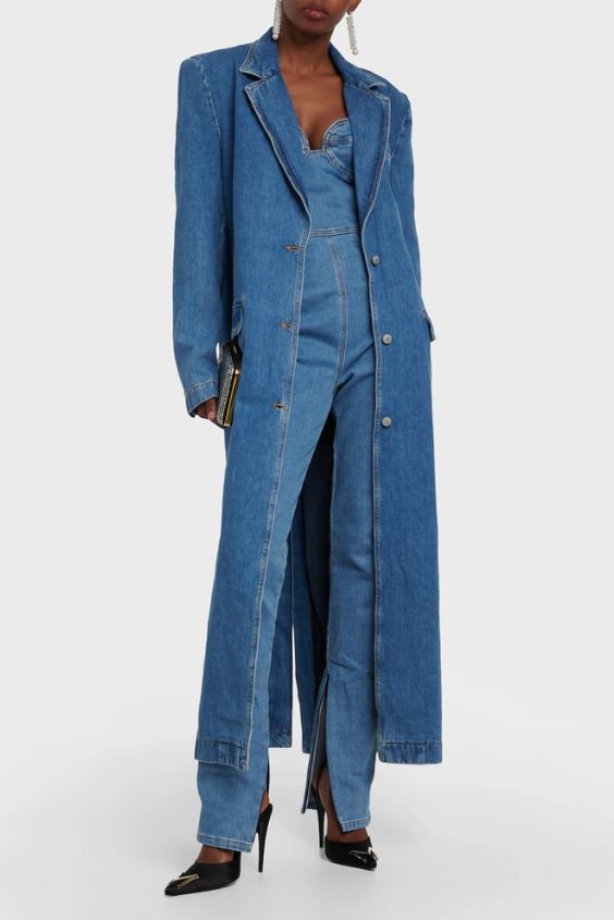 Denim Trench Coat over Jumpsuit