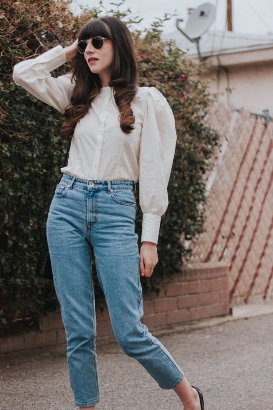 High-Waist Jeans and Puff-Sleeve Blouse