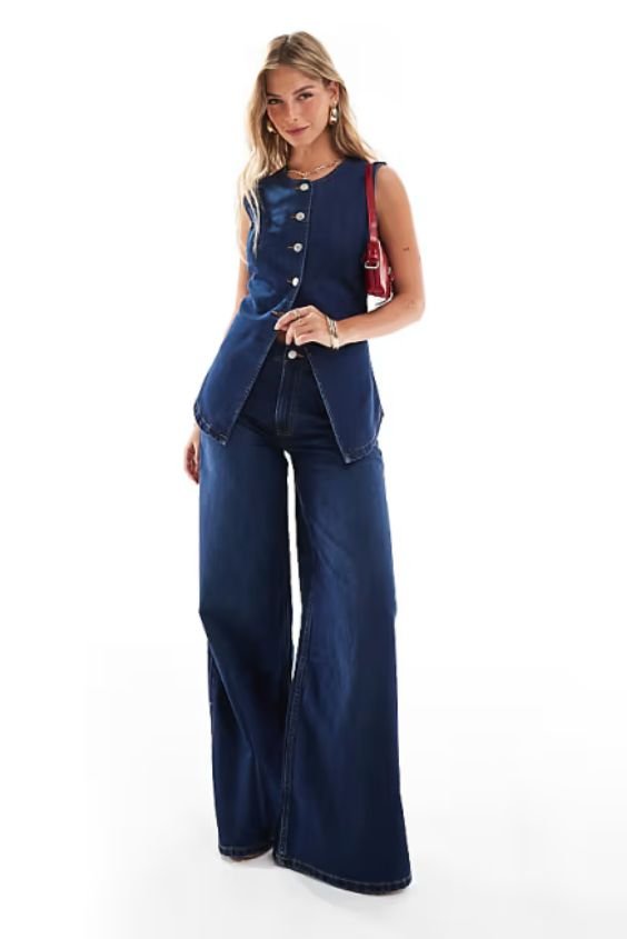 Longline Denim Vest with Palazzo Pants