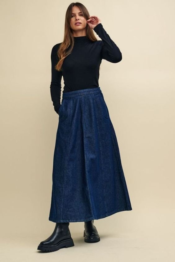 Maxi Denim Skirt with Lightweight Knit