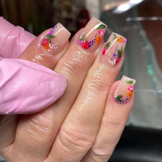 Tropical Floral Nails in Pastel Gel
