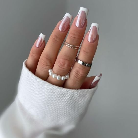 White Chrome Square Nails with Glitter Accents