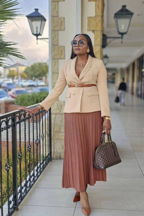 Blazer and Pleated Midi Skirt