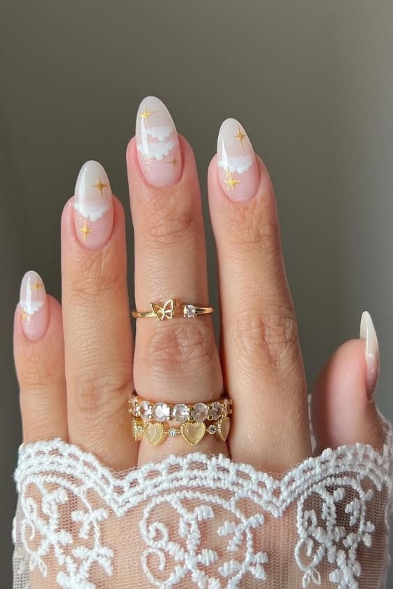 Cloud Nails With Gold Stars 