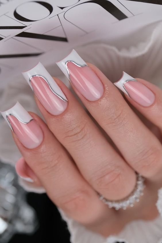 French Tips With Silver Outline 