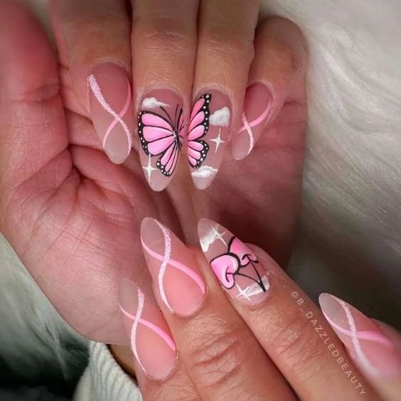 Pink Butterfly Accent Nails