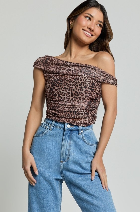 Leopard Print Flare Jeans and Off-Shoulder Top