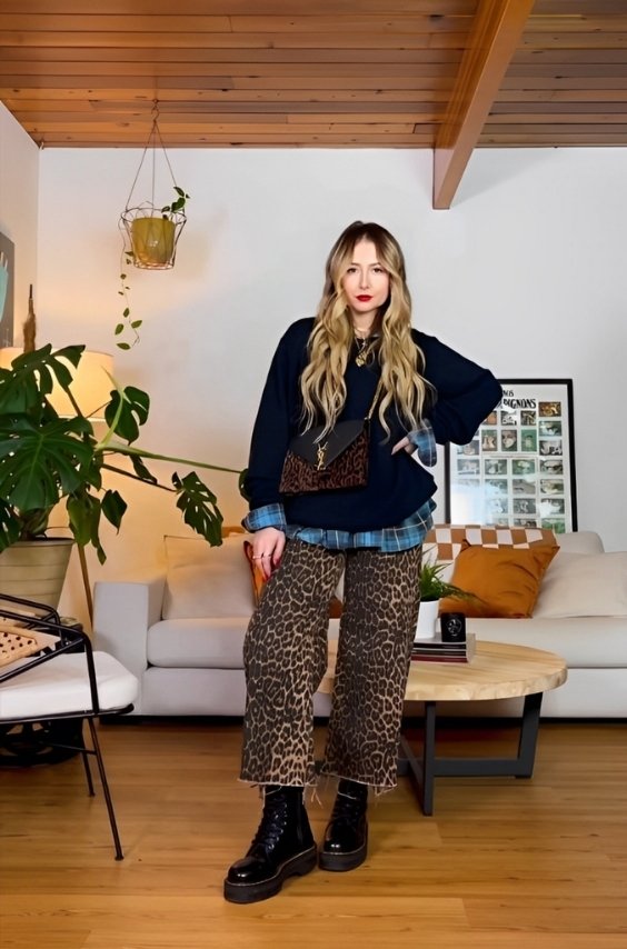 Leopard Print Jeans and Plaid Shirt Combo