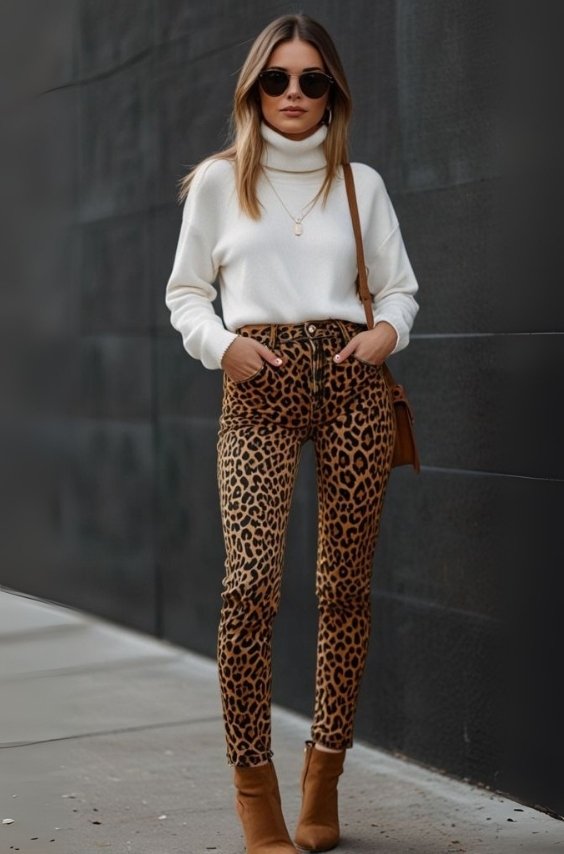 Leopard Print Jeans with a Neutral Turtleneck