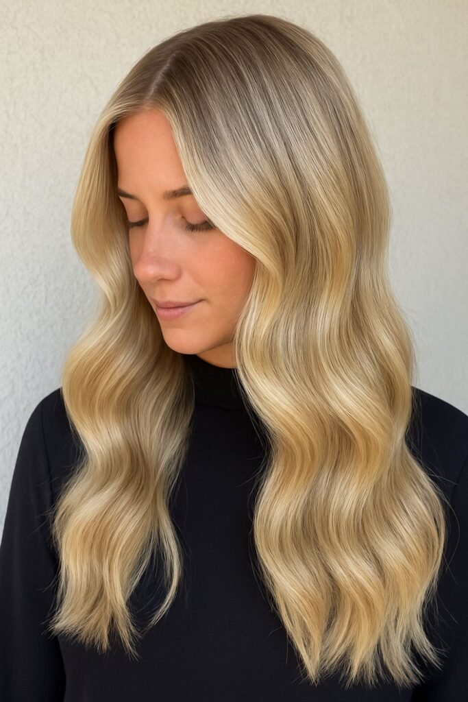 Chic Vanilla Latte Blonde Waves with a Middle Part