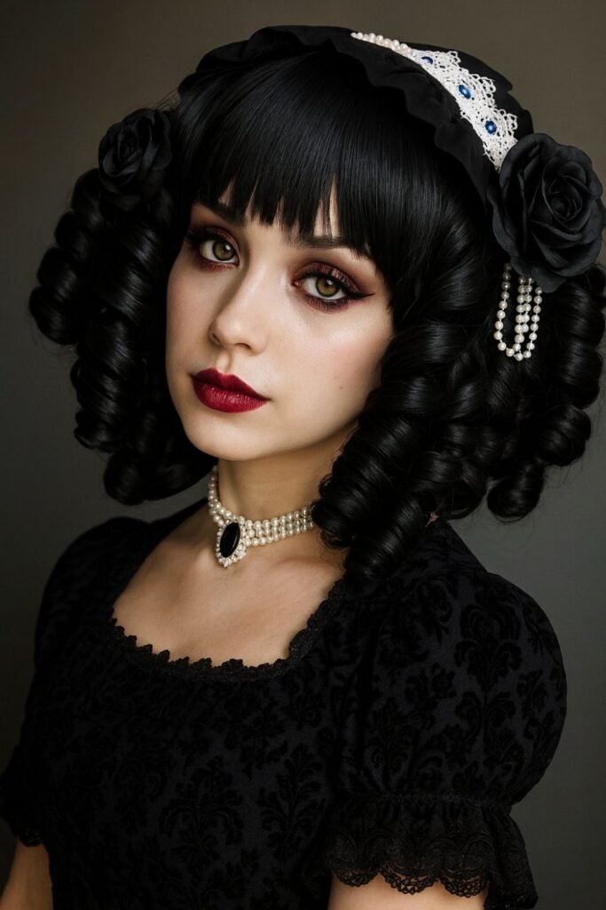Gothic Curly Updo with Black Roses