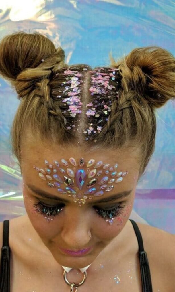 High Space Buns with Glitter Parting