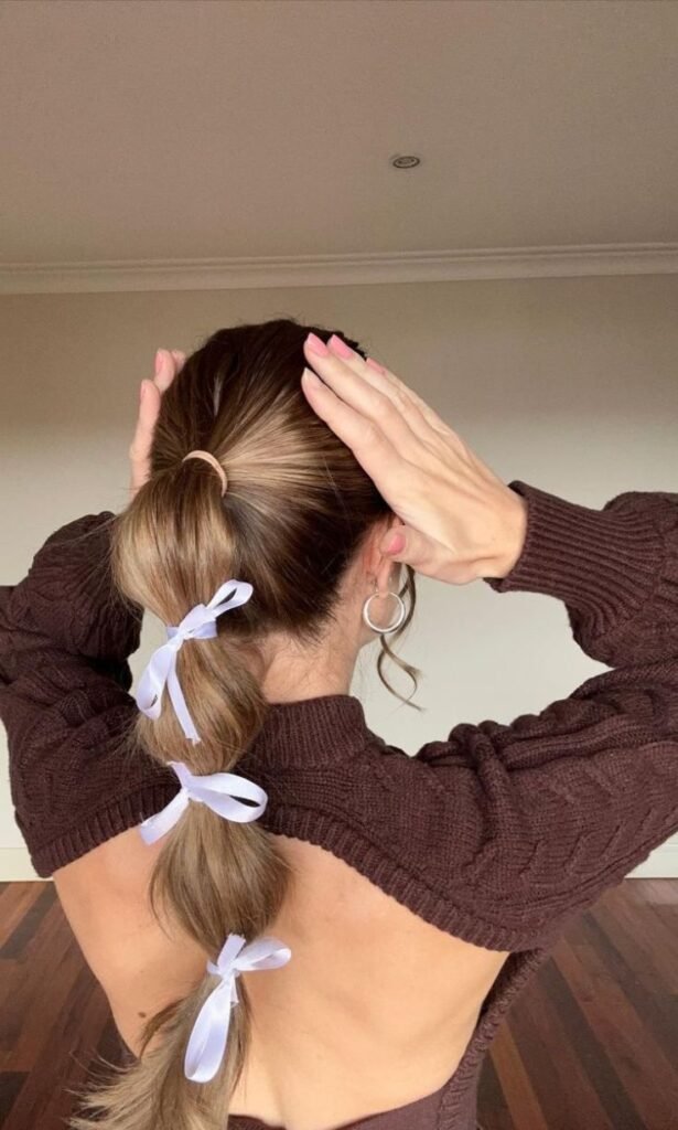 Low Pigtail Bubble Braids with Ribbon Ties