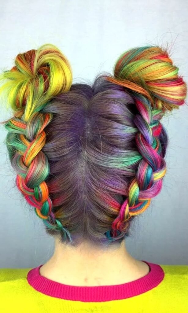 Mini Spaced-Out Buns with Neon Hair Chalk