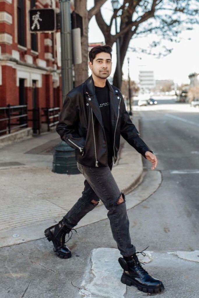 Rugged Style with Leather Jacket and Ripped Jeans