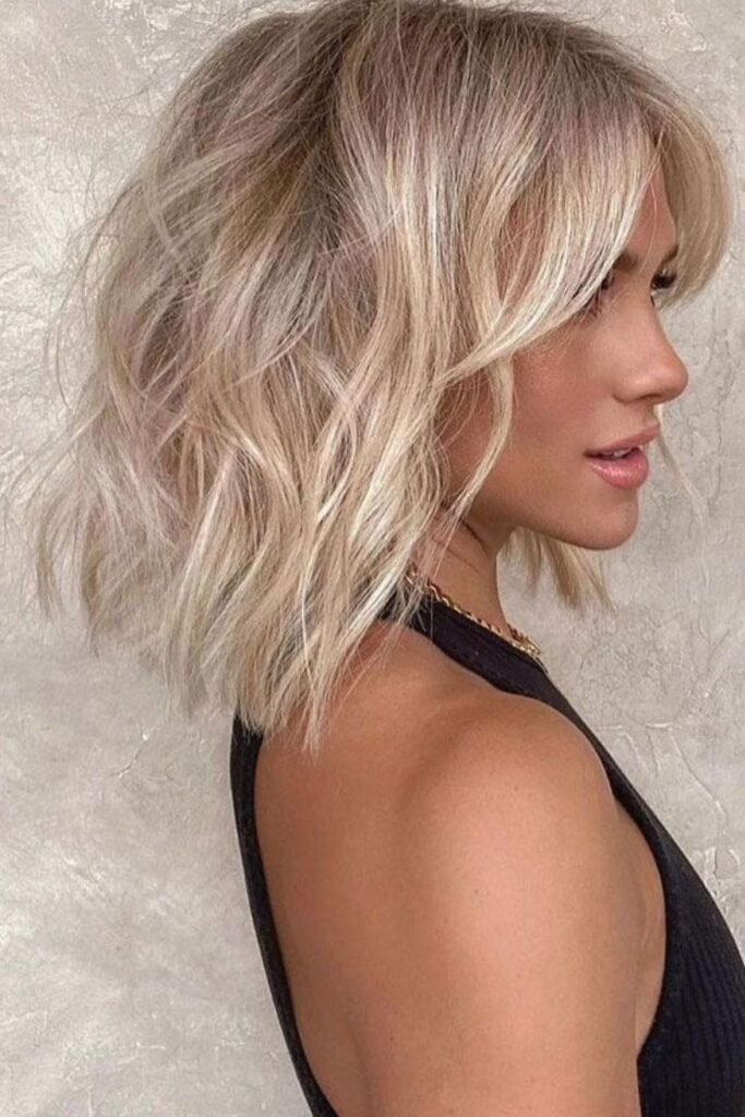 Vanilla Latte Blonde Lob with Curtain Bangs