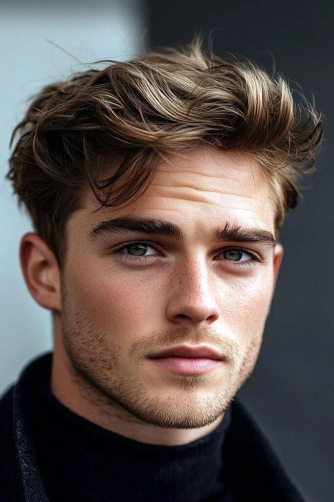 Ash Brown Hair with Soft Waves and Low Fade