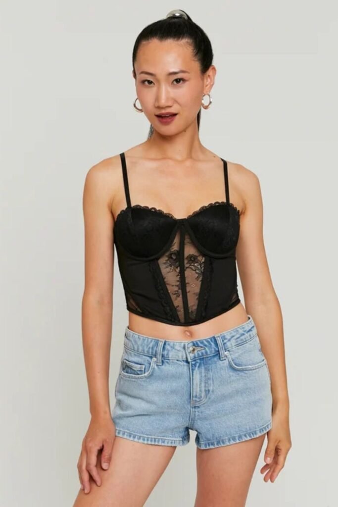 Black Floral Lace-Up Corset Top