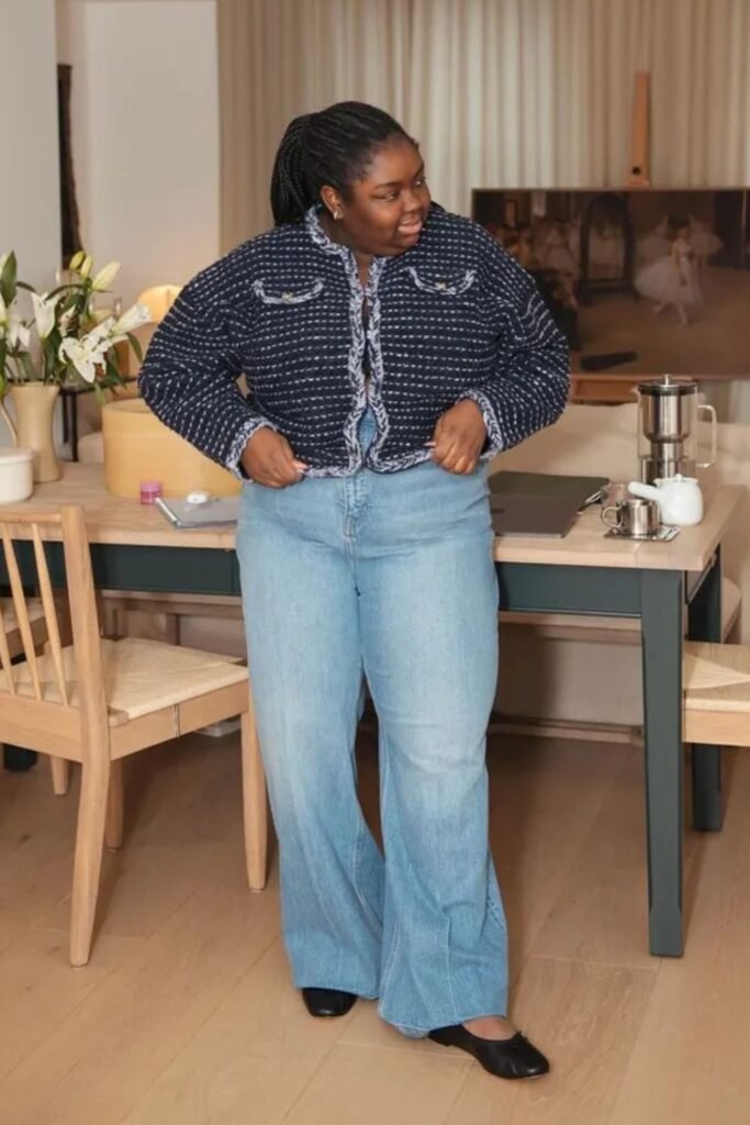 Bouclé Jacket + Wide-Leg Jeans + Flats