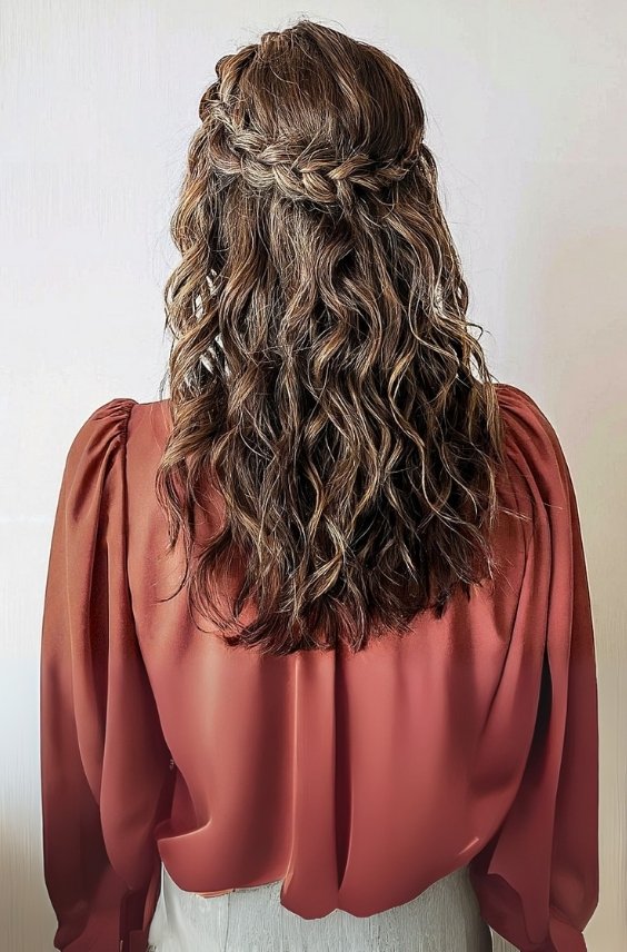 Braided Curly Half-Up Brunette Hair