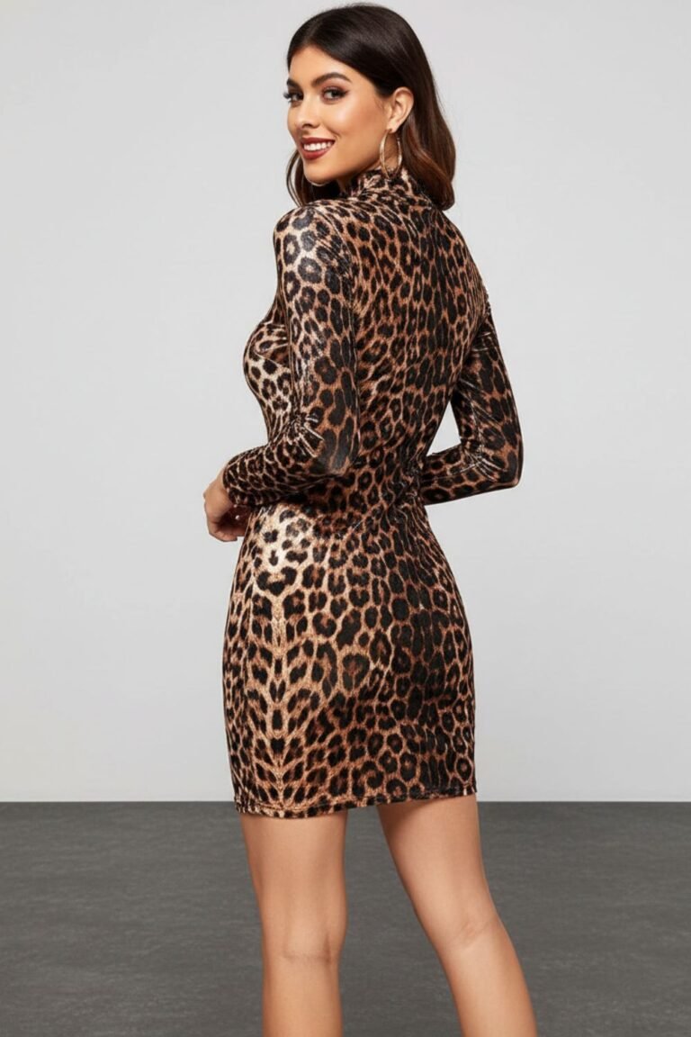 cheetah print bodycon dress lace up sleeve M