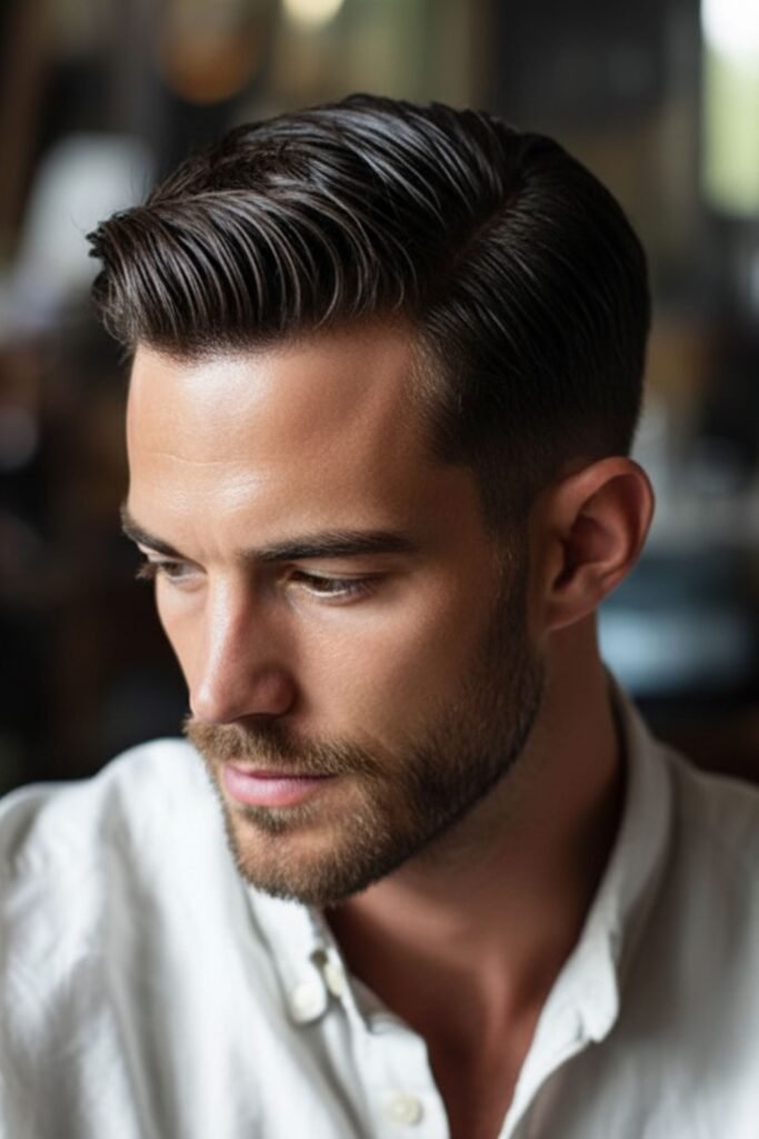 Combed Over Fringe With Taper Fade