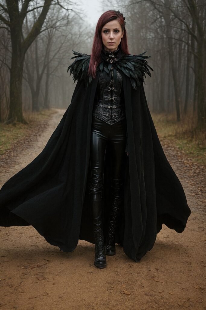 Dark Velvet Cape With Leather Belt