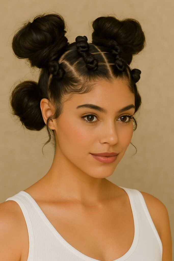 Half-Up Bantu Knots With Space Buns
