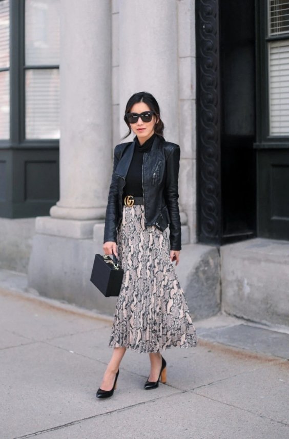 Leather Jacket and Pleated Skirt