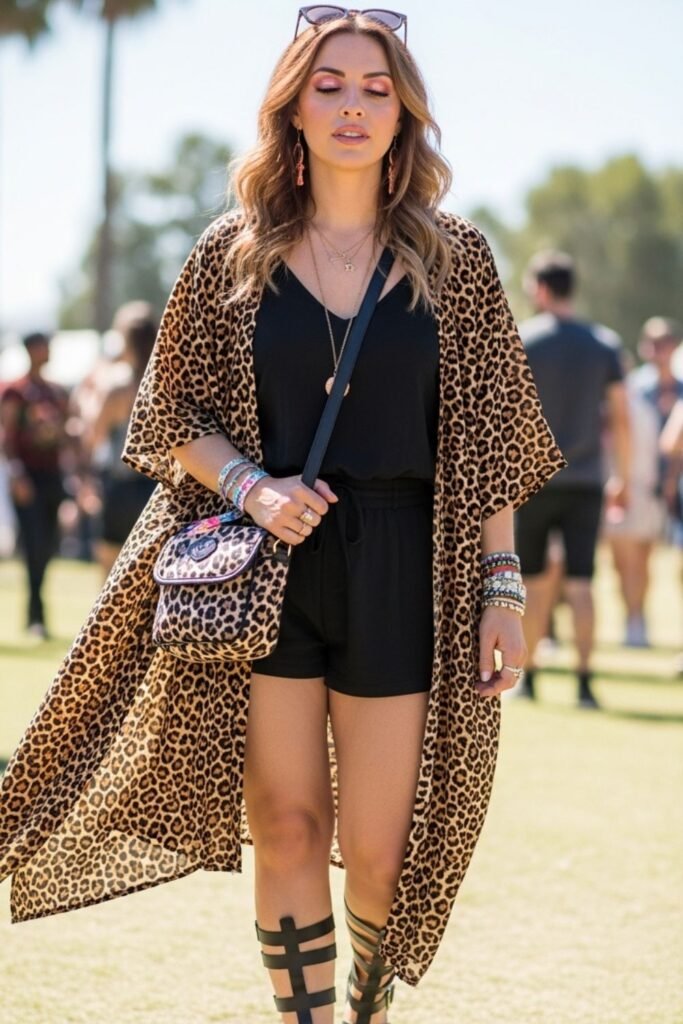 Leopard Kimono With Black Shorts