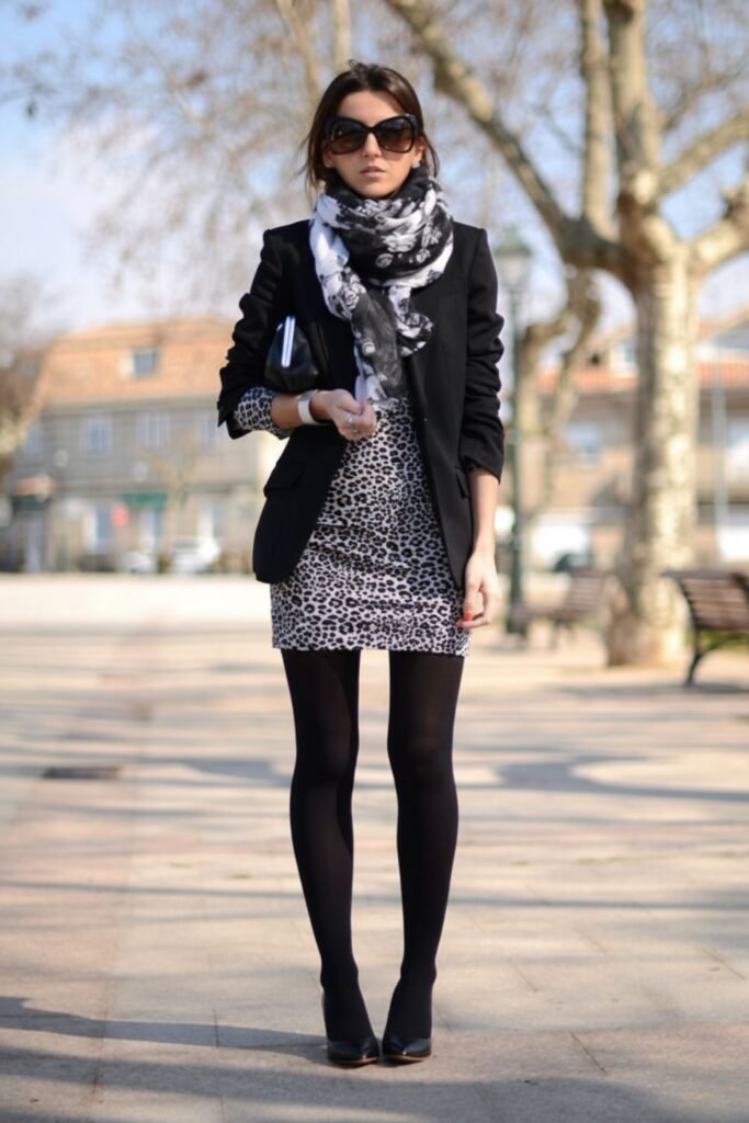 Leopard Skater Dress With Black Tights