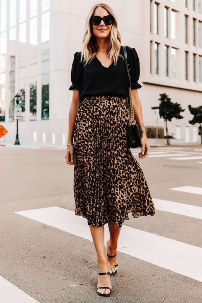 Leopard Skirt With Sheer Black Blouse