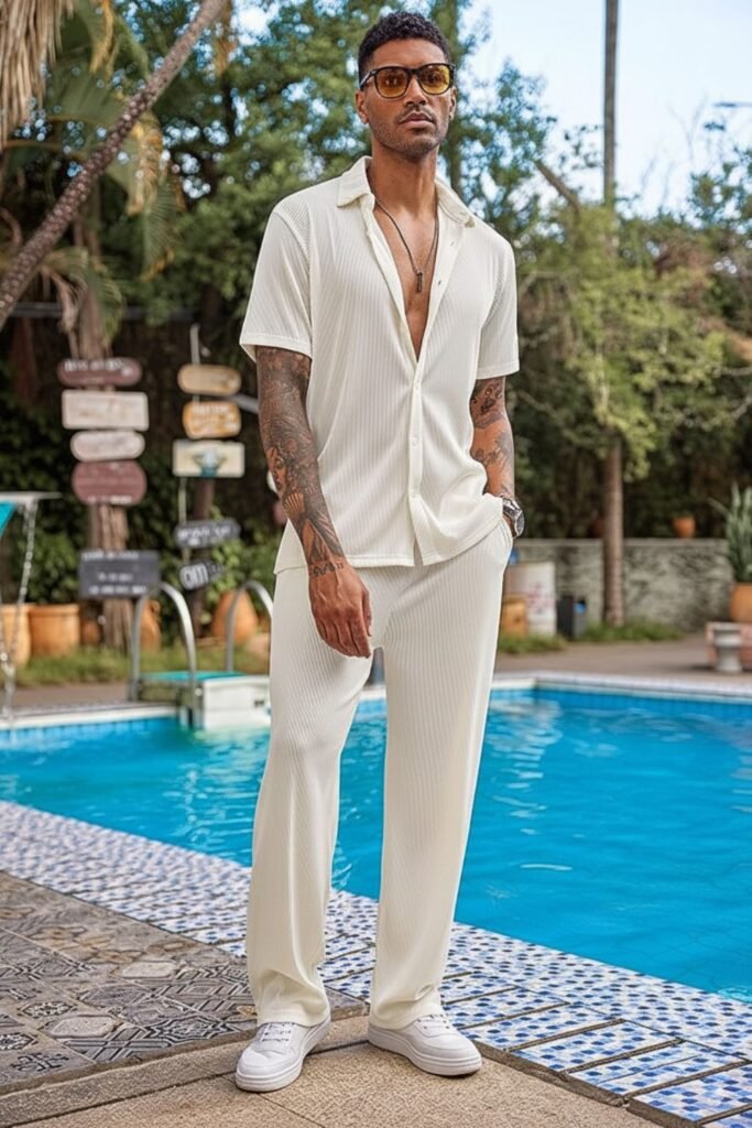 Open Linen Shirt + Bone-Chinos