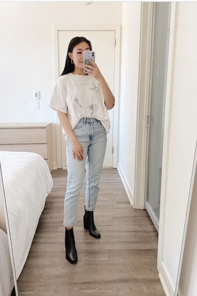 Oversized White Tee + Mum Jeans + Heeled Black Boots